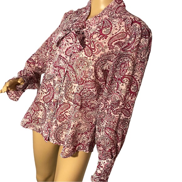 VINTAGE DANA GIBSON SHIMMERY PAISLEY FLORAL RUFFLE SLEEVE PUSSY BOW BLOUSE  SZ M - Picture 5 of 16